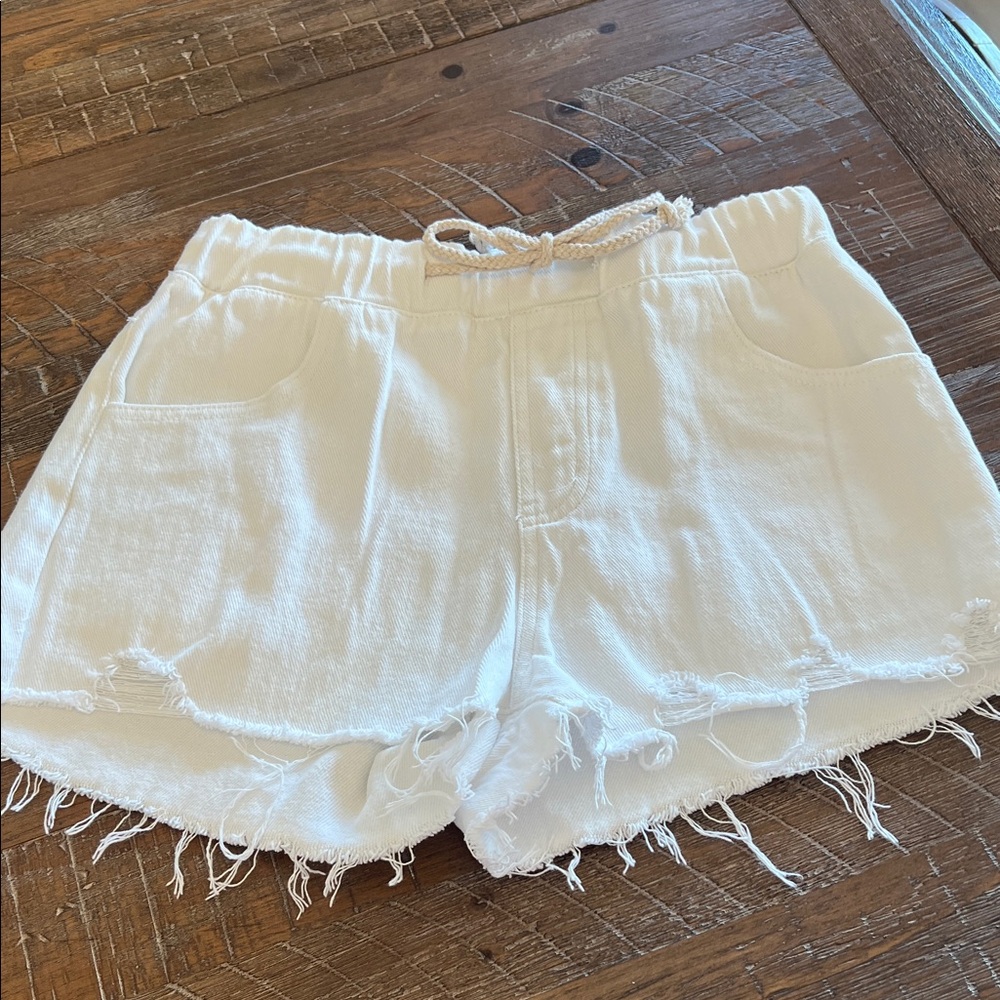 Women’s White Frayed Hem Drawstring Jean Shorts